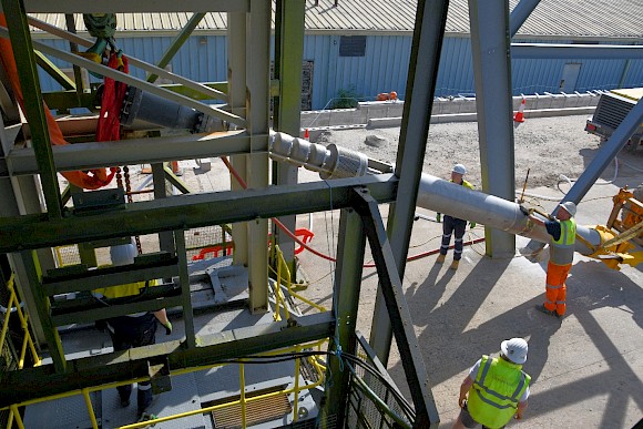 Hoisting the KSB submersible pump into vertical position under the NCK Headframe