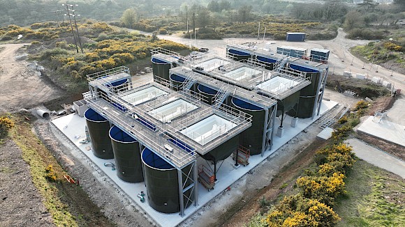 Aerial view looking northwest of the water treatment plant with walkways being assembled