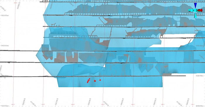 Figure 1.	Long Section (looking north) showing the location of the metallurgical drill holes completed at No. 4 Lode