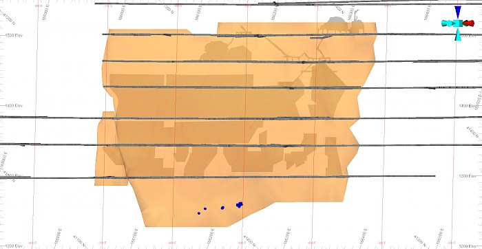 Figure 2.	Long Section (looking north) showing the location of the metallurgical drill holes completed at No. 8 Lode