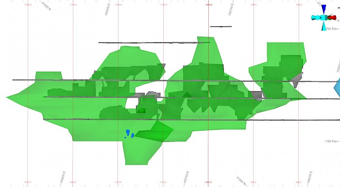 Figure 3.	Long Section (looking north) showing the location of the metallurgical drill holes completed at Roskear B Lode